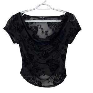 Silence + Noise Velvet Sheer Floral Babydoll Shirt Top Size M Black Whimsigoth